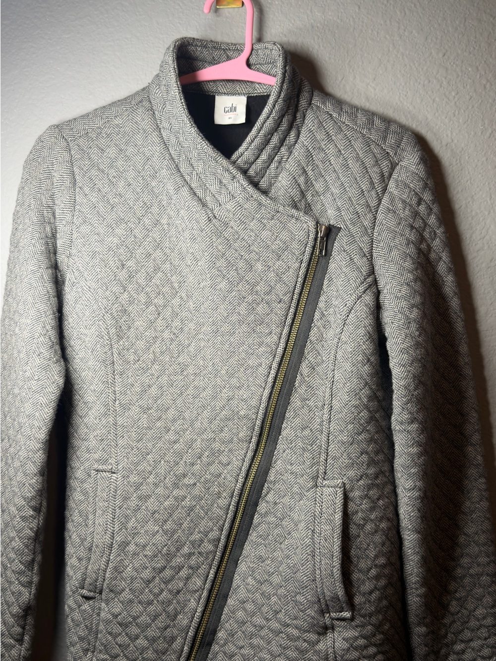 CAbi Light Gray Quilted Asymmetrical Zip Pea Coat